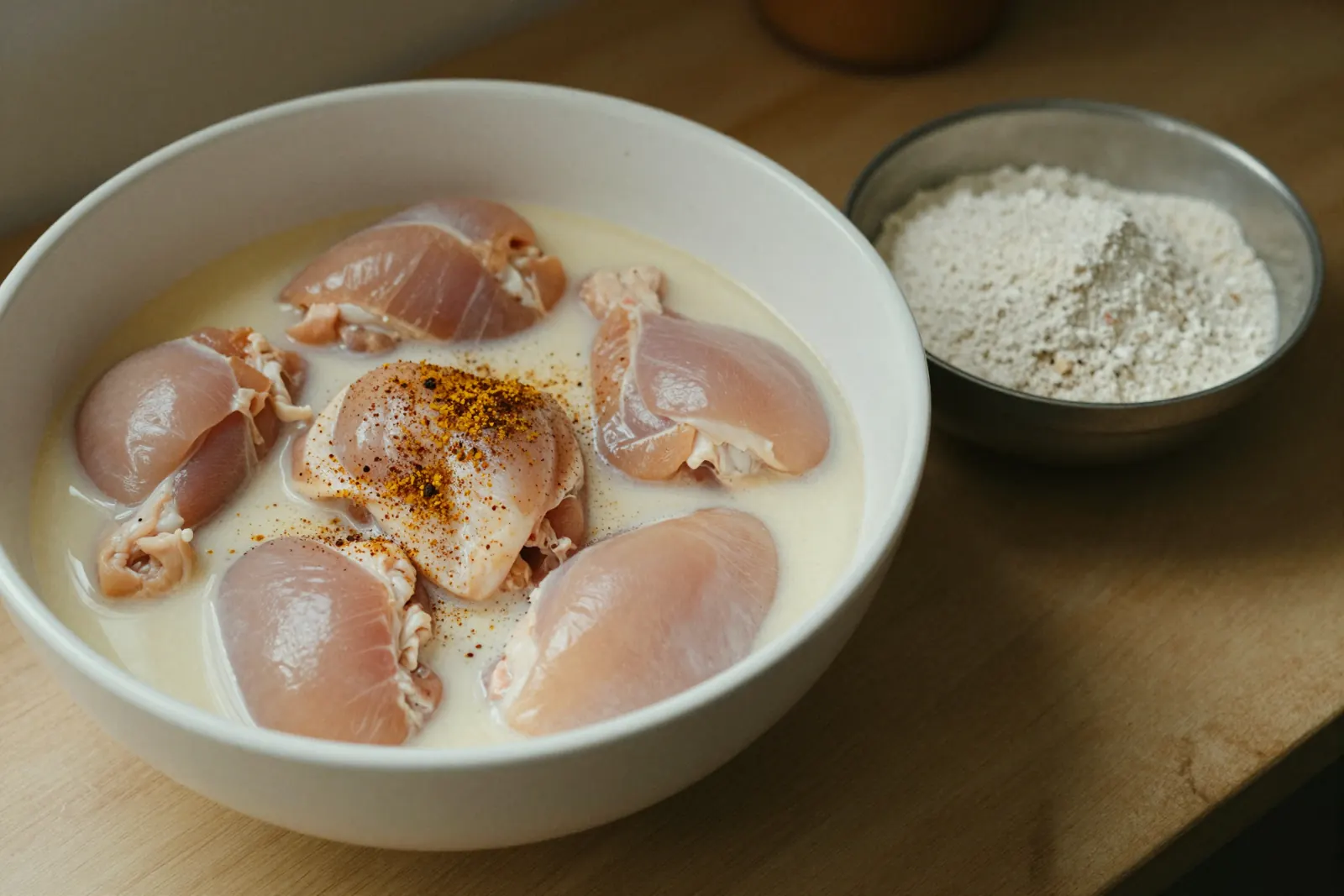 Chicken soaking in a bowl of buttermilk brine beside seasoned flour
