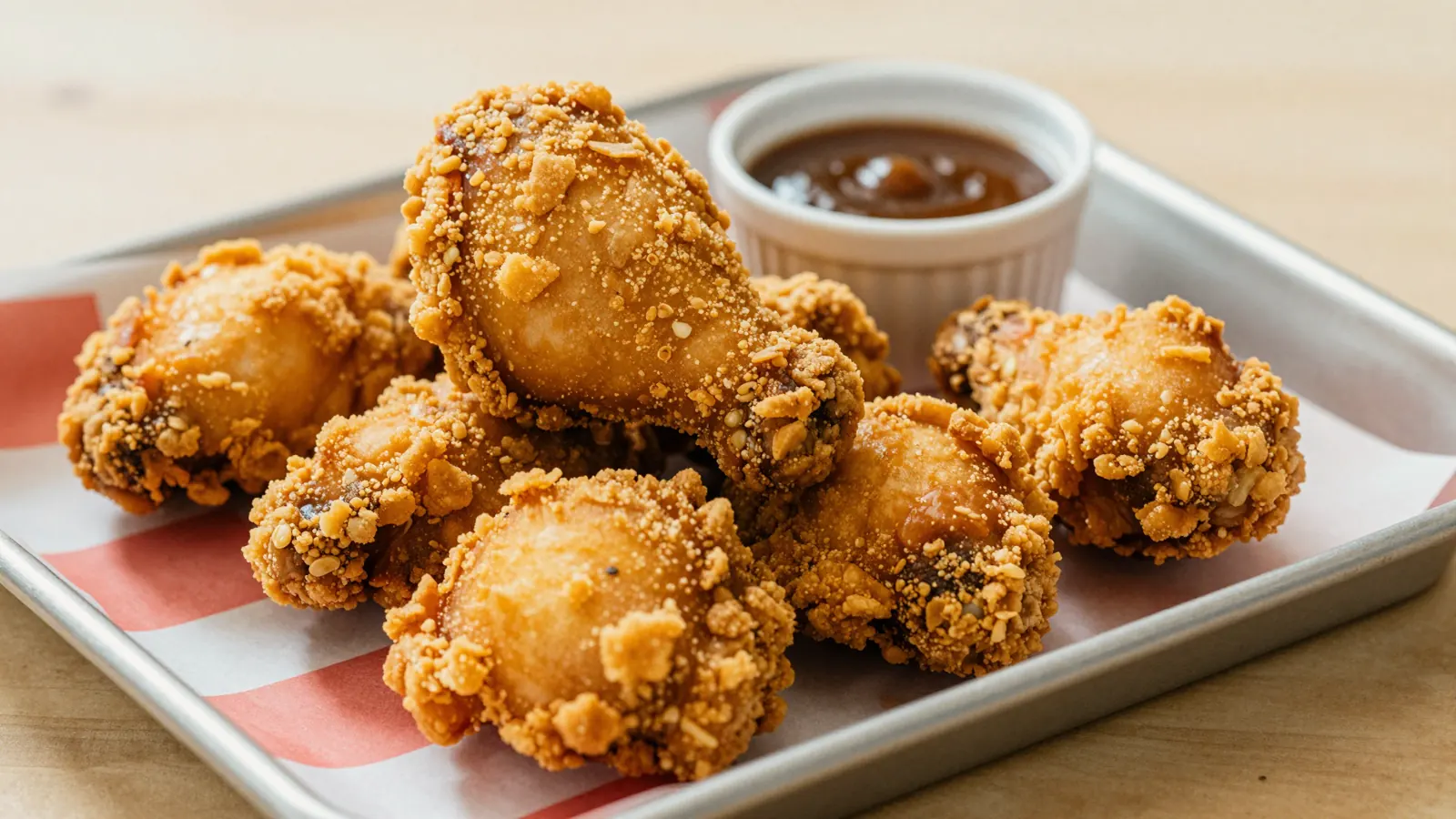 A tray of craggy golden buttermilk fried chicken