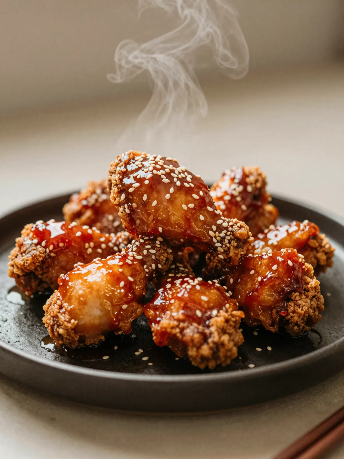 Fried chicken glazed in red chilli oil