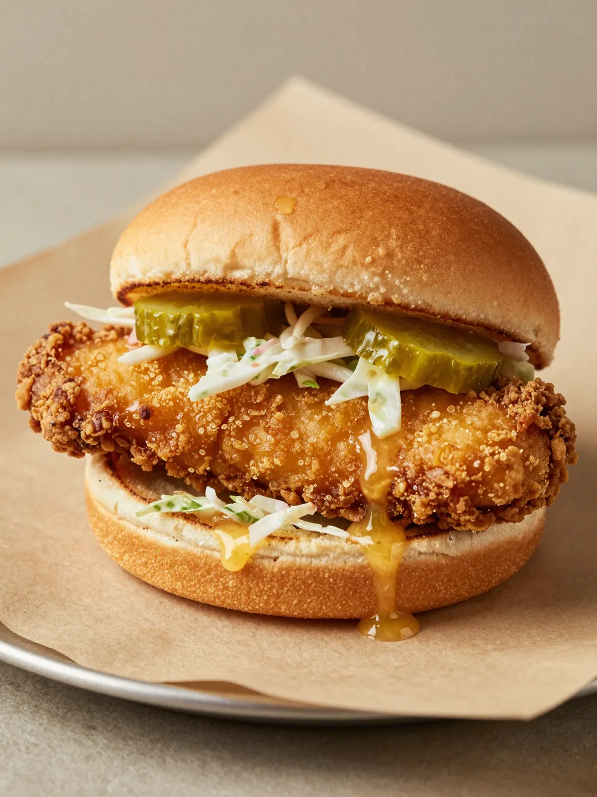 A fried chicken sandwich with pickles and slaw in a brioche bun