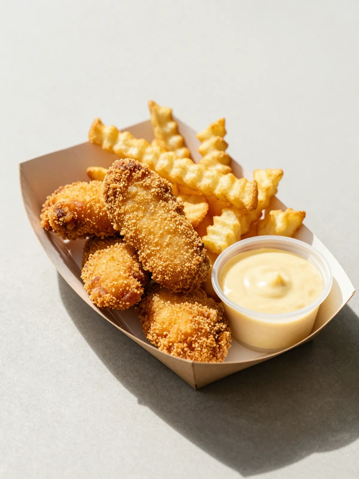 Crispy chicken tenders with crinkle fries and honey mustard